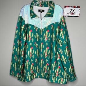 L&B 2X PLUS green cactus & sequin pullover
